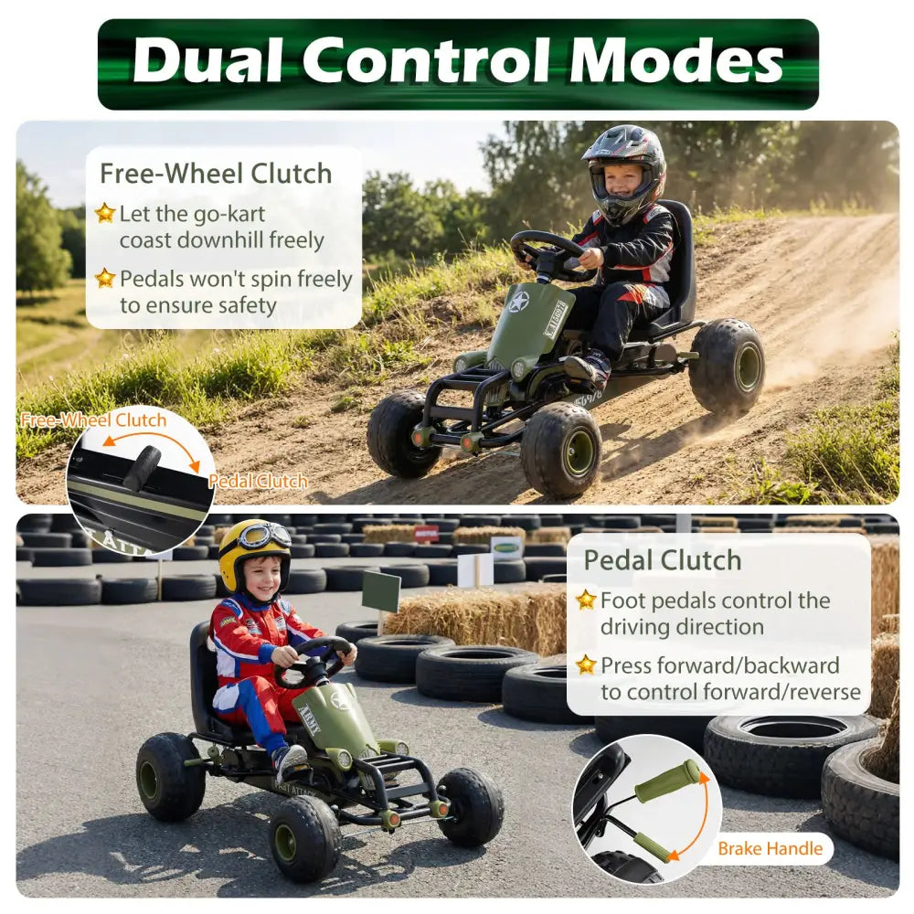 Kids Pedal Go Kart with Steering Wheel and Gear Shifter and Handbrake-Green - Green - Push & Pedal Ride On Toys