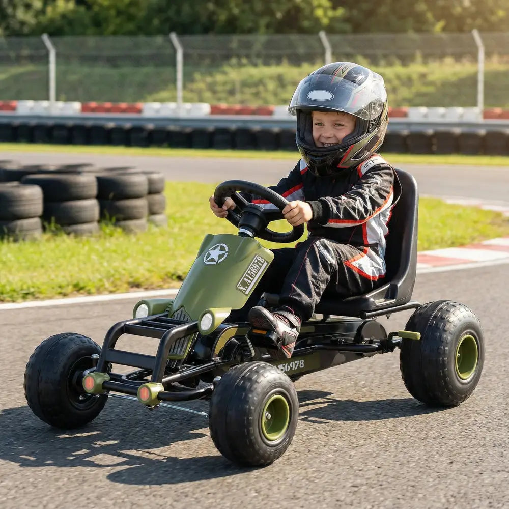 Kids Pedal Go Kart with Steering Wheel and Gear Shifter and Handbrake-Green - Green - Push & Pedal Ride On Toys