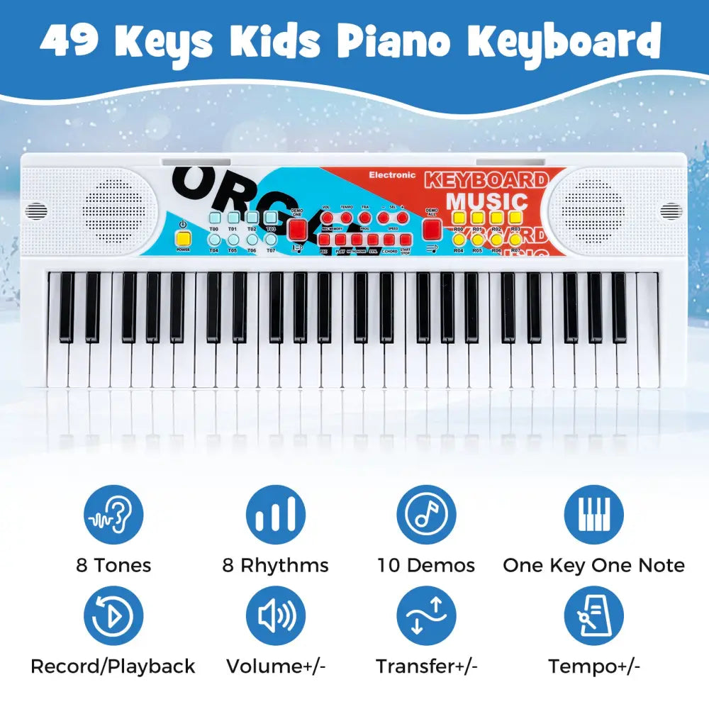Kids Piano Keyboard 49 Keys Portable Electric Keyboard Piano with 8 Rhythms 8 Tones-White - White - Pianos & Keyboards