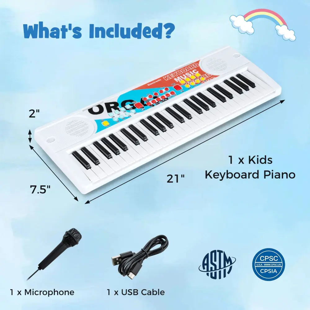 Kids Piano Keyboard 49 Keys Portable Electric Keyboard Piano with 8 Rhythms 8 Tones-White - White - Pianos & Keyboards
