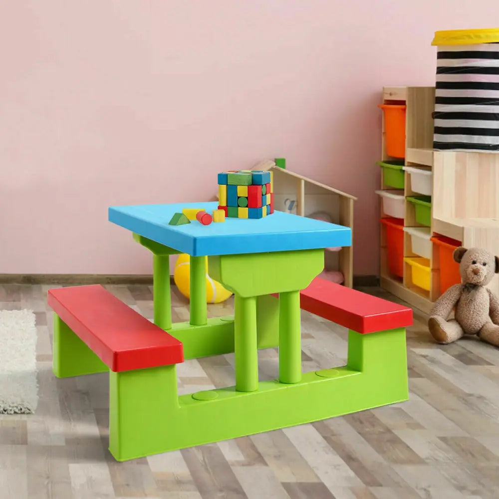 Kids Picnic Folding Table and Bench with Umbrella - Green - Kids Table & Chair Sets