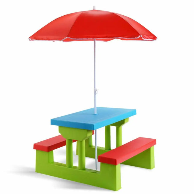 Kids Picnic Folding Table and Bench with Umbrella - Green - Kids Table & Chair Sets