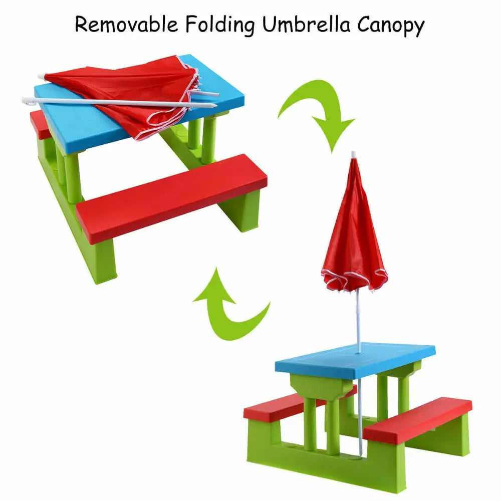 Kids Picnic Folding Table and Bench with Umbrella - Green - Kids Table & Chair Sets