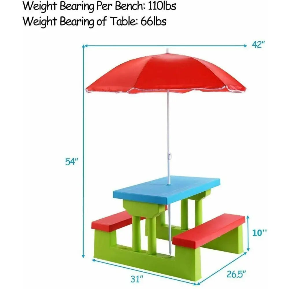 Kids Picnic Folding Table and Bench with Umbrella - Green - Kids Table & Chair Sets