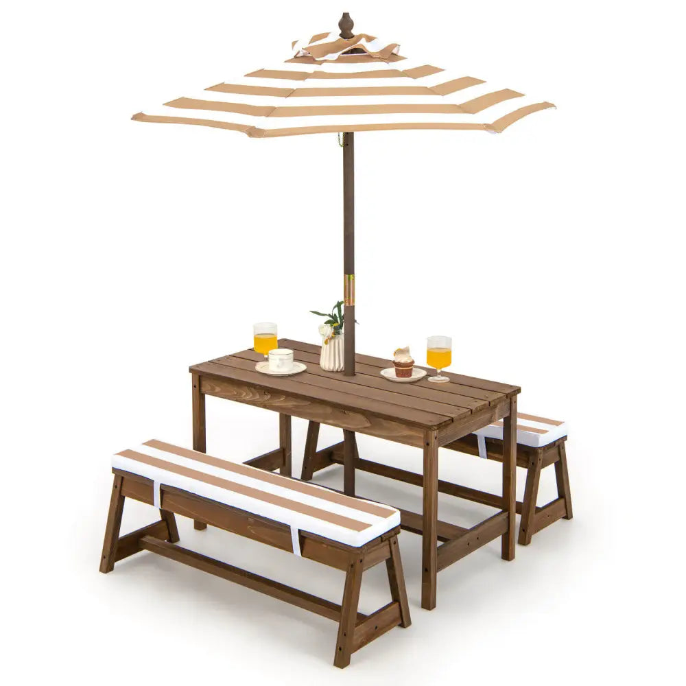 Kids Picnic Table and Bench Set with Cushions and Height Adjustable Umbrella-Brown - Brown - Kids Table & Chair Sets