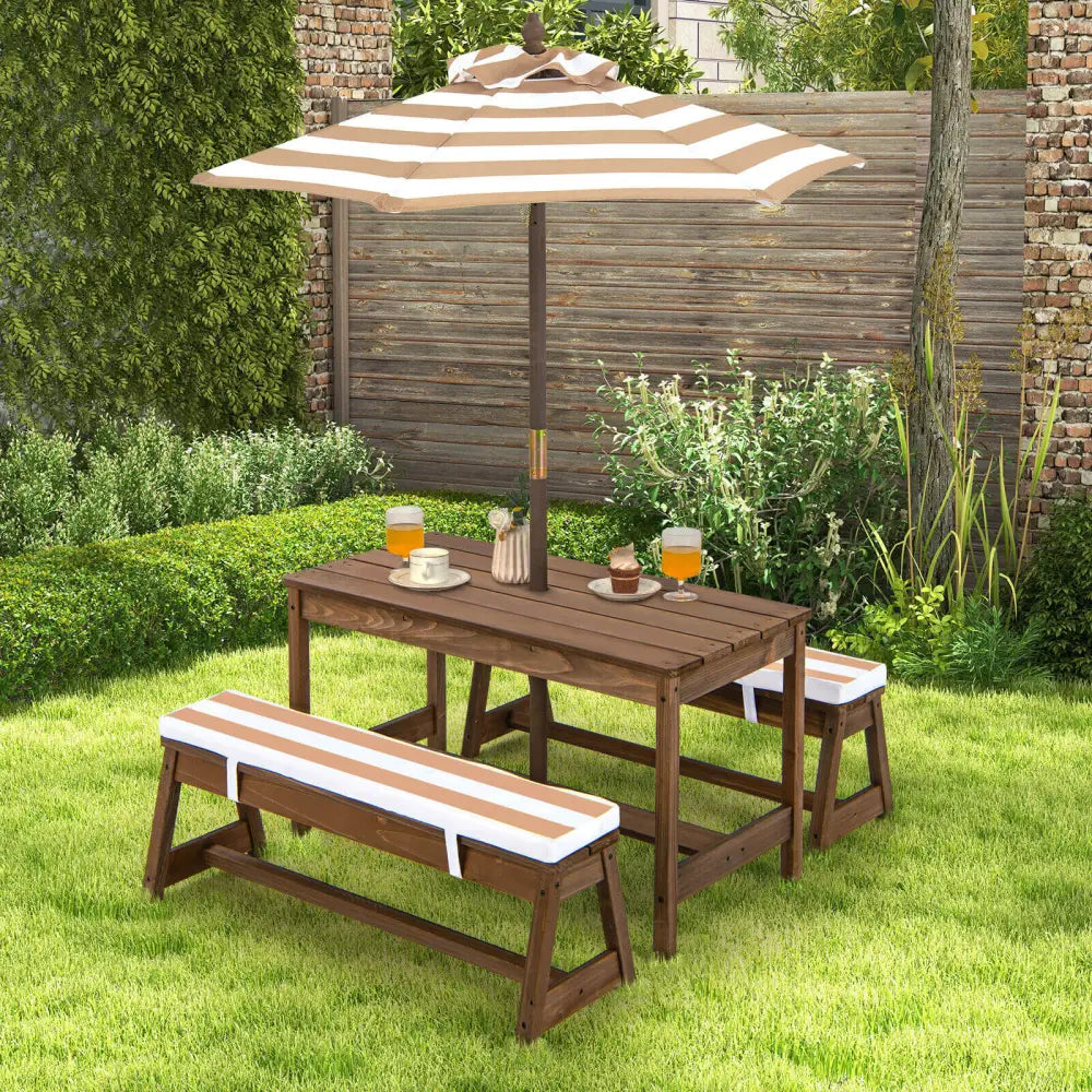 Kids Picnic Table and Bench Set with Cushions and Height Adjustable Umbrella-Brown - Brown - Kids Table & Chair Sets