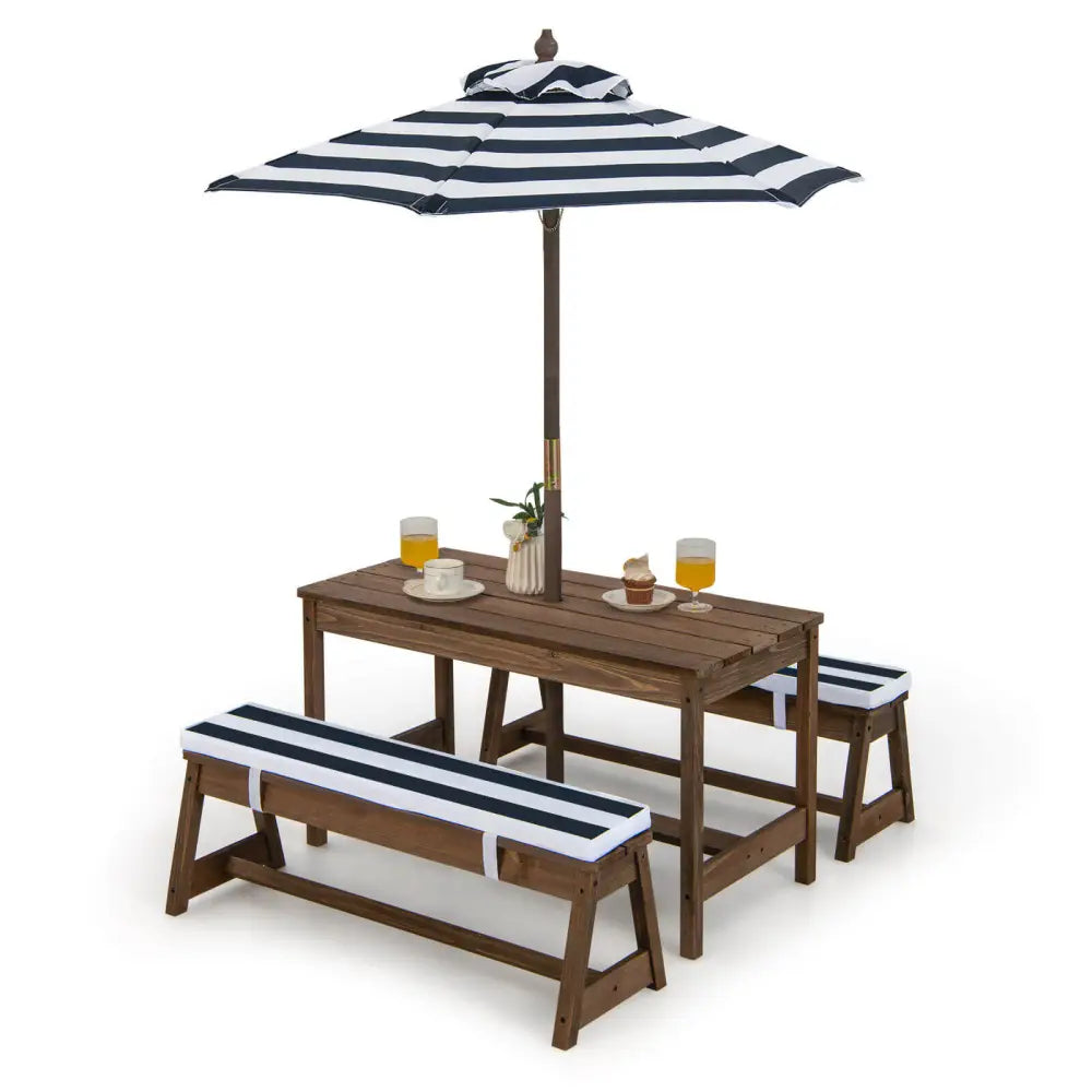 Kids Picnic Table and Bench Set with Cushions and Height Adjustable Umbrella-Blue - Blue - Kids Table & Chair Sets