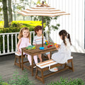 Kids Picnic Table and Bench Set with Cushions and Height Adjustable Umbrella-Brown - Brown - Kids Table & Chair Sets