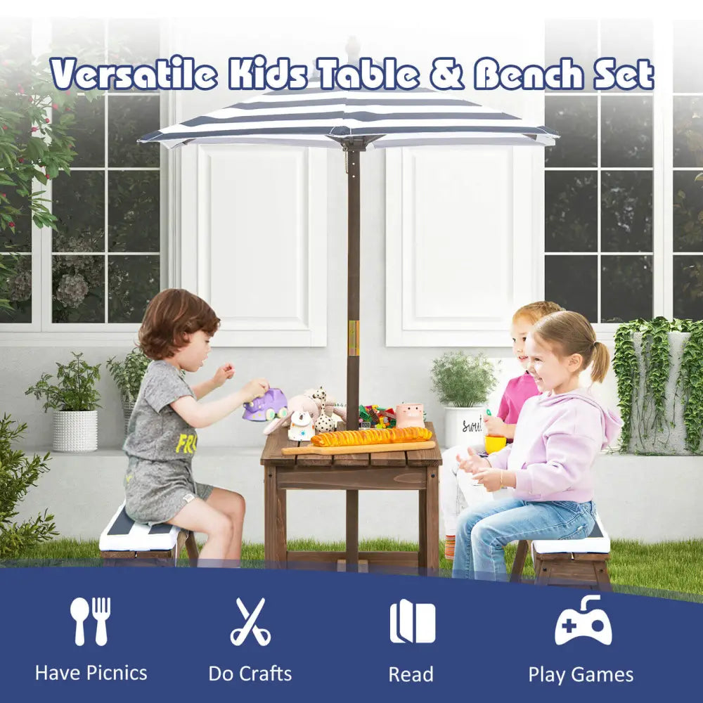 Kids Picnic Table and Bench Set with Cushions and Height Adjustable Umbrella-Blue - Blue - Kids Table & Chair Sets