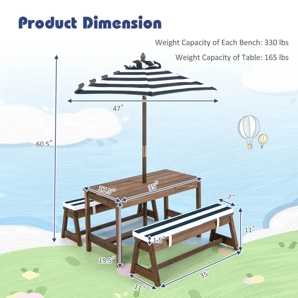 Kids Picnic Table and Bench Set with Cushions and Height Adjustable Umbrella-Blue - Blue - Kids Table & Chair Sets