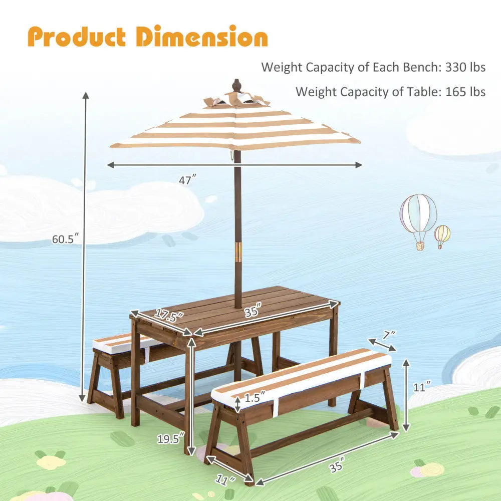 Kids Picnic Table and Bench Set with Cushions and Height Adjustable Umbrella-Brown - Brown - Kids Table & Chair Sets