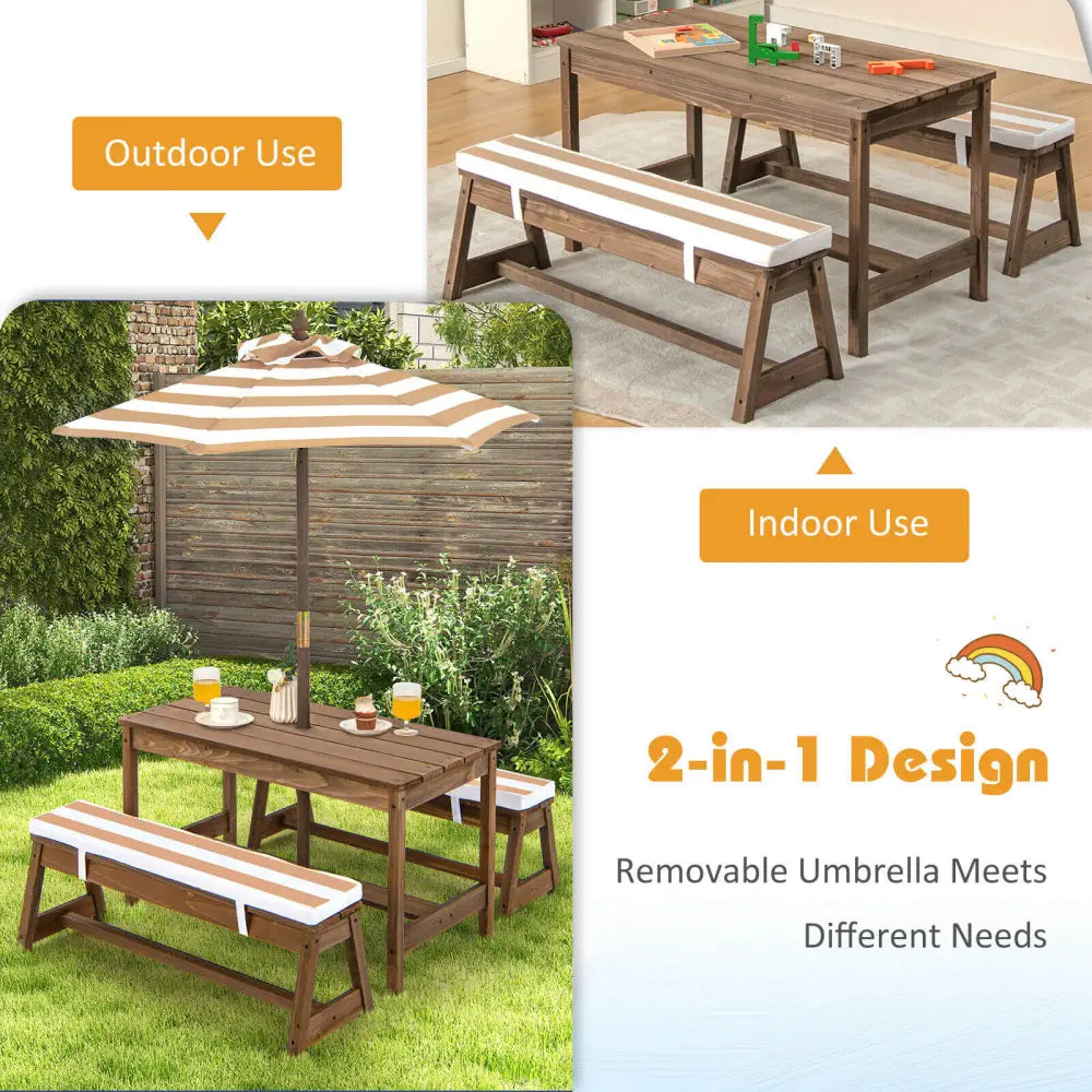 Kids Picnic Table and Bench Set with Cushions and Height Adjustable Umbrella-Brown - Brown - Kids Table & Chair Sets