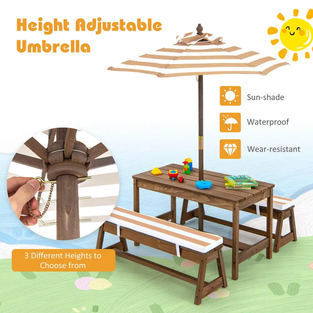 Kids Picnic Table and Bench Set with Cushions and Height Adjustable Umbrella-Brown - Brown - Kids Table & Chair Sets