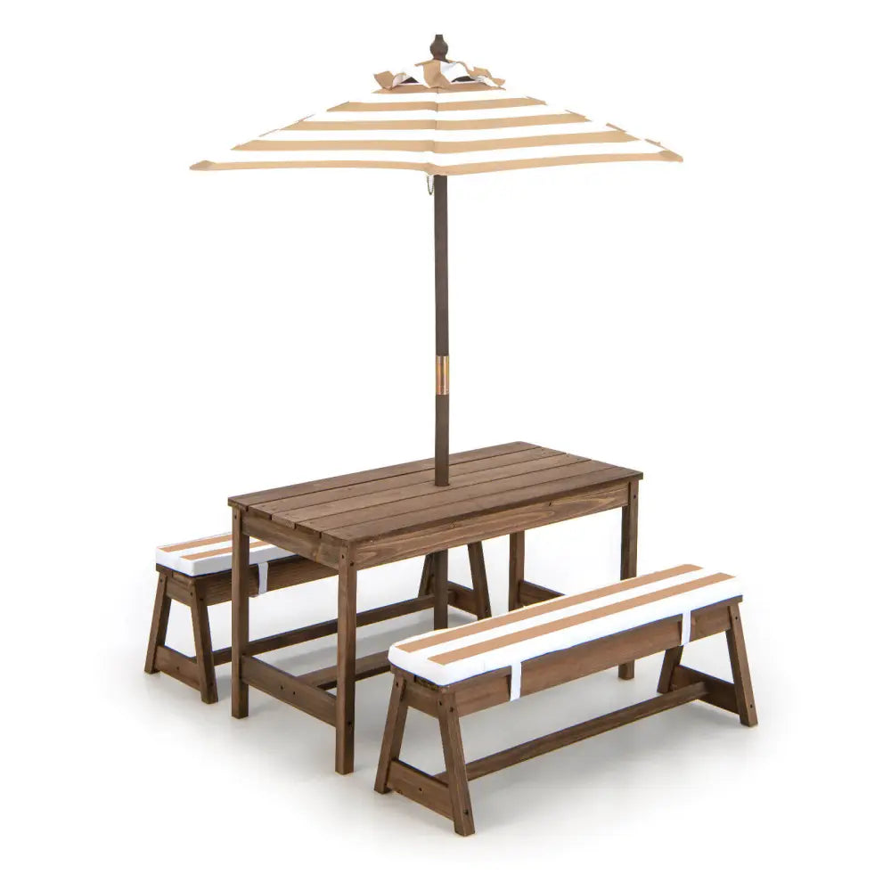Kids Picnic Table and Bench Set with Cushions and Height Adjustable Umbrella-Brown - Brown - Kids Table & Chair Sets