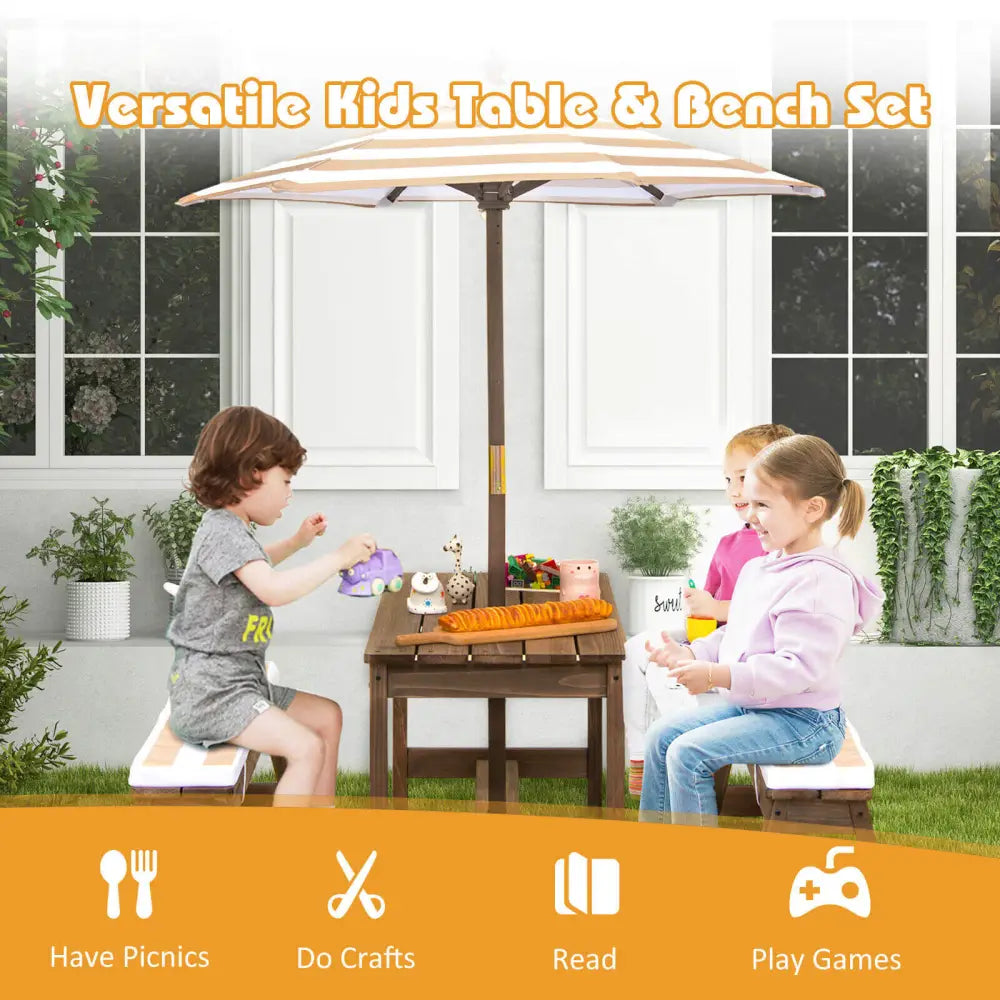 Kids Picnic Table and Bench Set with Cushions and Height Adjustable Umbrella-Brown - Brown - Kids Table & Chair Sets