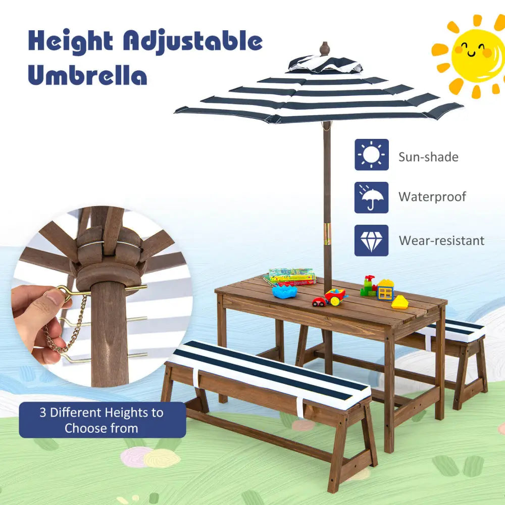 Kids Picnic Table and Bench Set with Cushions and Height Adjustable Umbrella-Blue - Blue - Kids Table & Chair Sets