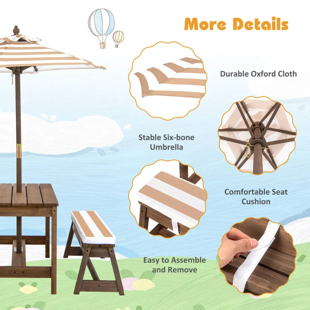 Kids Picnic Table and Bench Set with Cushions and Height Adjustable Umbrella-Brown - Brown - Kids Table & Chair Sets