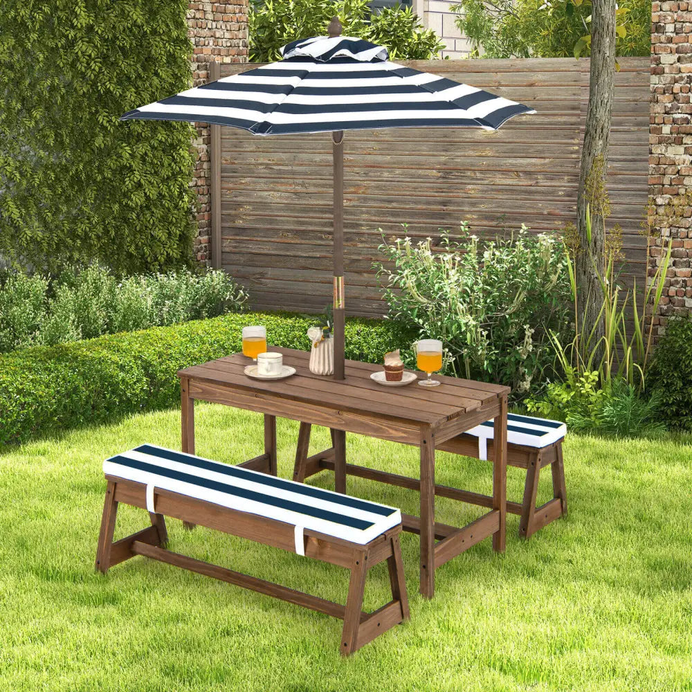 Kids Picnic Table and Bench Set with Cushions and Height Adjustable Umbrella-Blue - Blue - Kids Table & Chair Sets