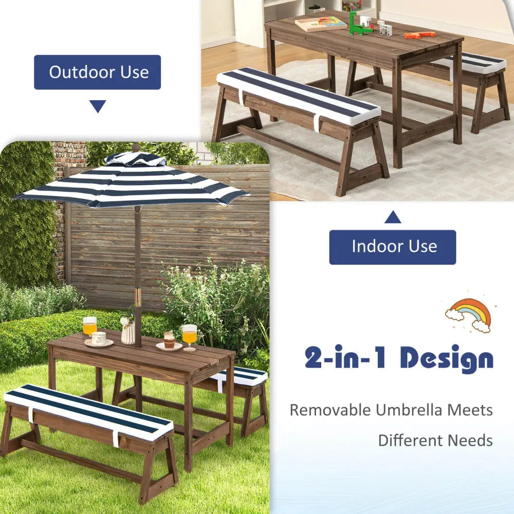 Kids Picnic Table and Bench Set with Cushions and Height Adjustable Umbrella-Blue - Blue - Kids Table & Chair Sets
