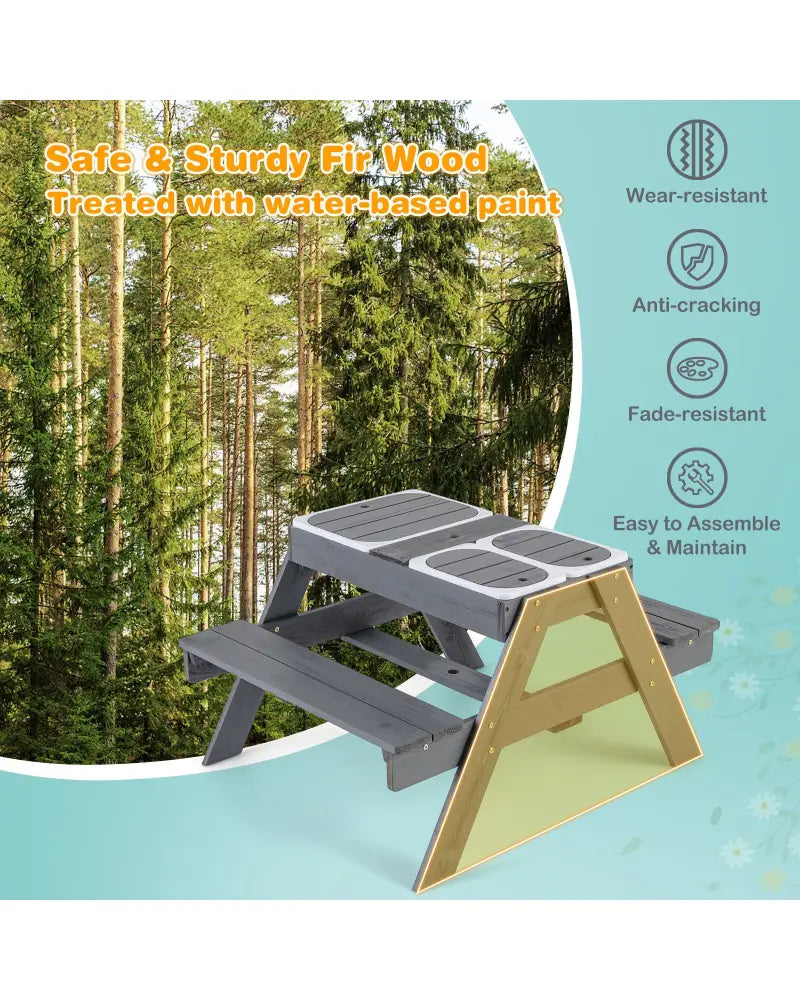 Kids Picnic Table Set with 3 Removable Bins-Gray - Gray - Kids Table & Chair Sets