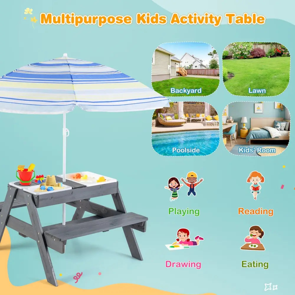 Kids Picnic Table Set with 3 Removable Bins-Gray - Gray - Kids Table & Chair Sets