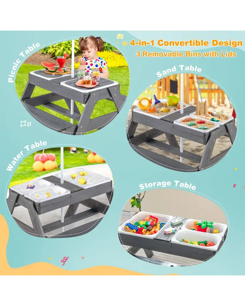 Kids Picnic Table Set with 3 Removable Bins-Gray - Gray - Kids Table & Chair Sets