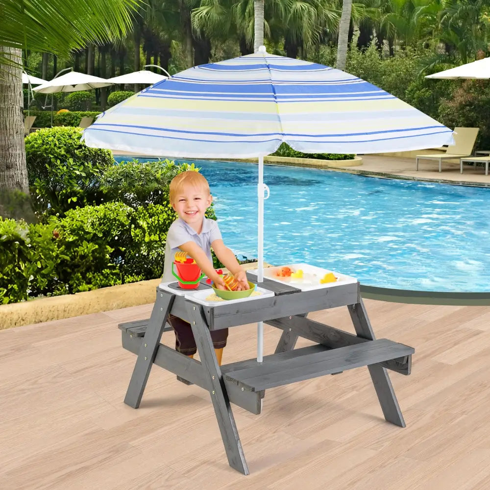 Kids Picnic Table Set with 3 Removable Bins-Gray - Gray - Kids Table & Chair Sets