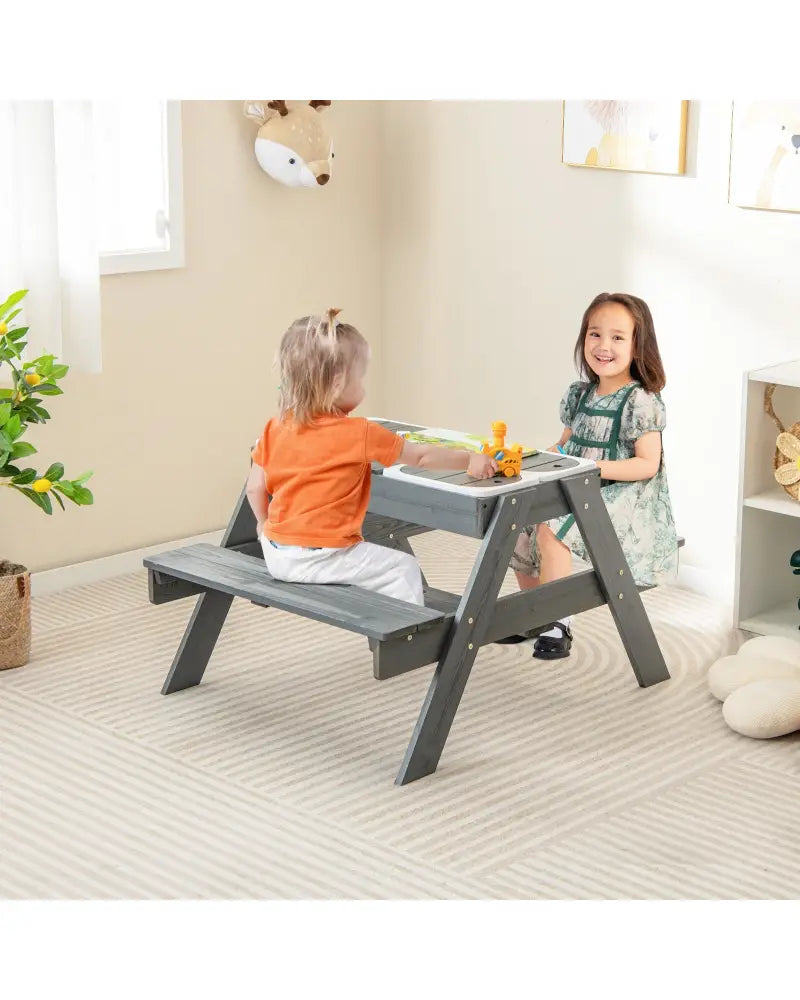 Kids Picnic Table Set with 3 Removable Bins-Gray - Gray - Kids Table & Chair Sets