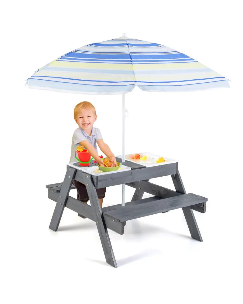 Kids Picnic Table Set with 3 Removable Bins-Gray - Gray - Kids Table & Chair Sets