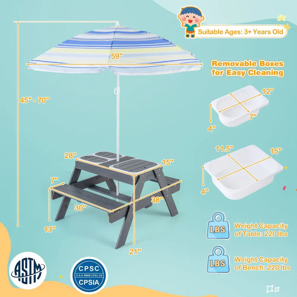 Kids Picnic Table Set with 3 Removable Bins-Gray - Gray - Kids Table & Chair Sets