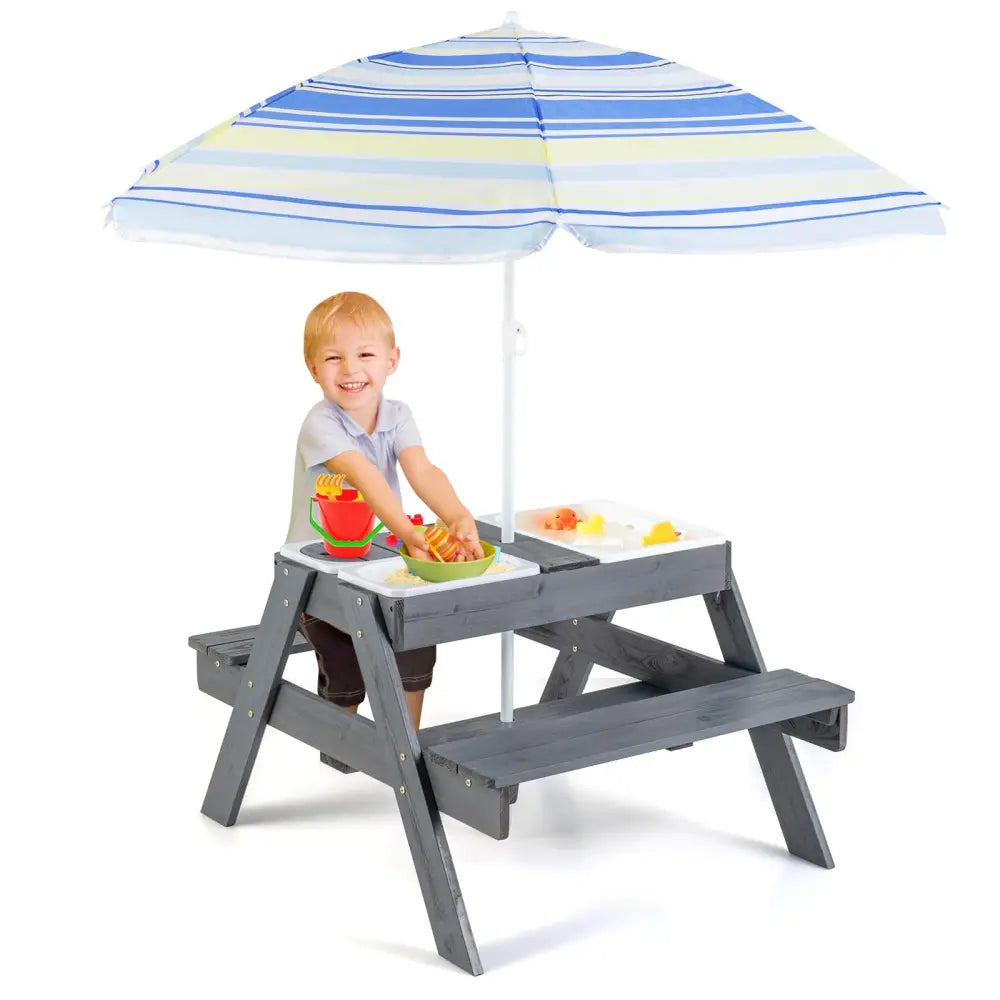 Kids Picnic Table Set with 3 Removable Bins-Gray - Gray - Kids Table & Chair Sets