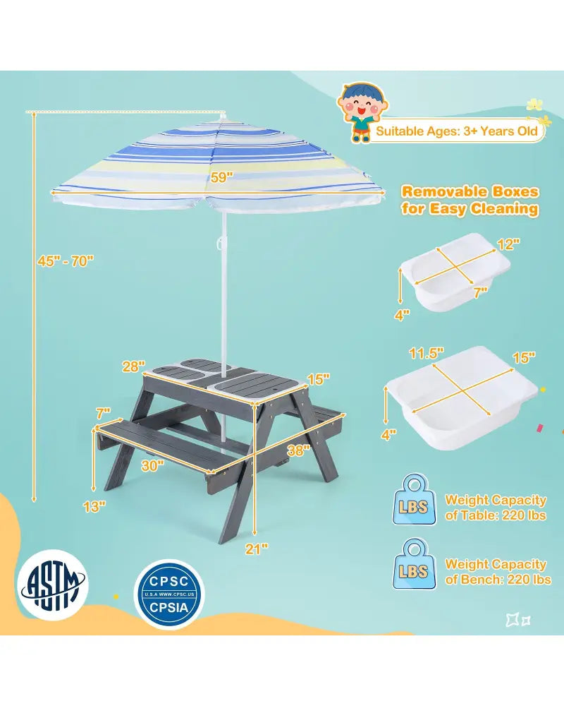 Kids Picnic Table Set with 3 Removable Bins-Gray - Gray - Kids Table & Chair Sets
