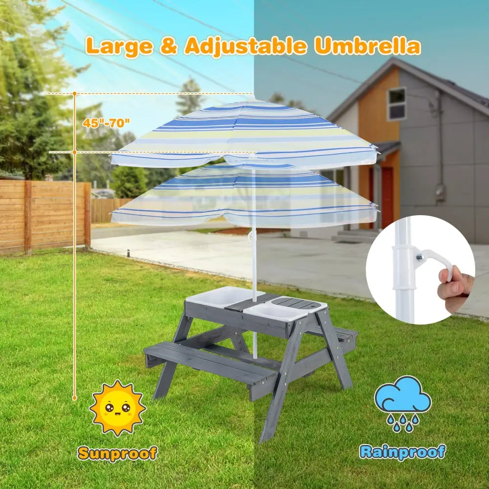 Kids Picnic Table Set with 3 Removable Bins-Gray - Gray - Kids Table & Chair Sets