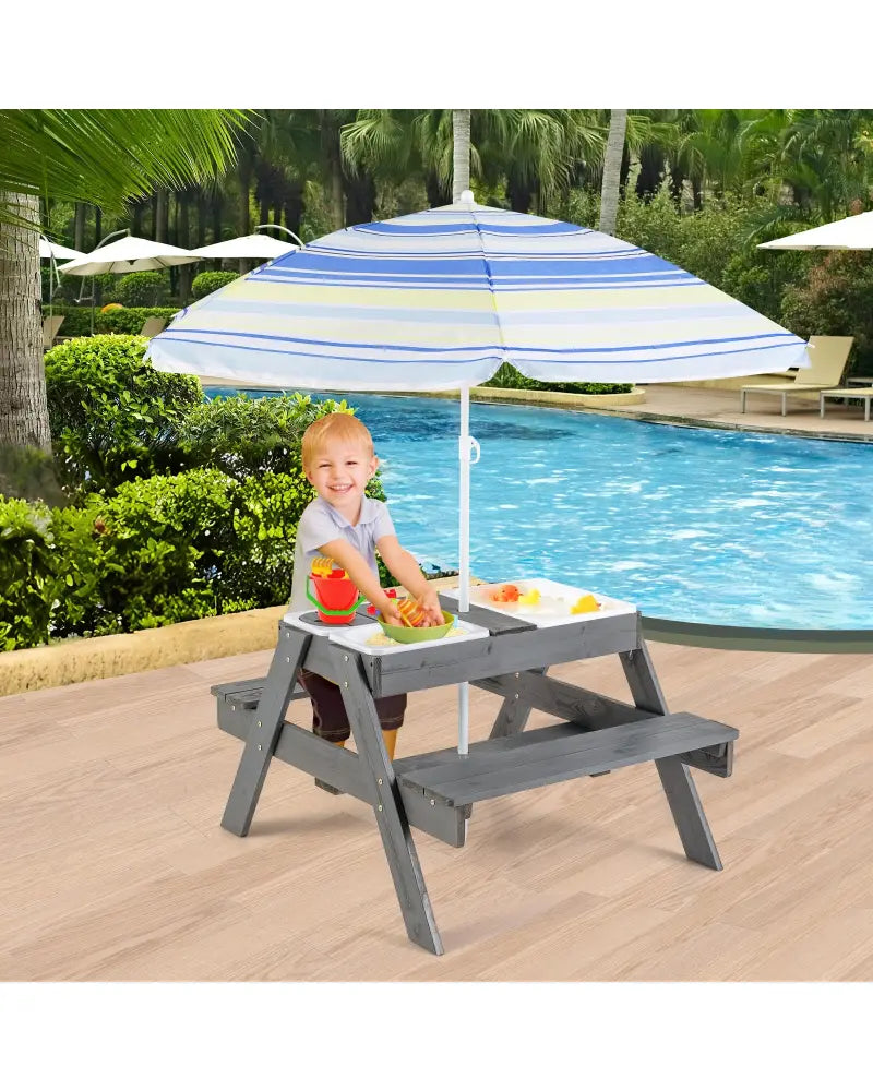 Kids Picnic Table Set with 3 Removable Bins-Gray - Gray - Kids Table & Chair Sets