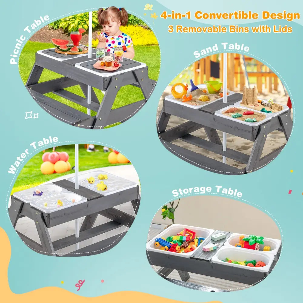 Kids Picnic Table Set with 3 Removable Bins-Gray - Gray - Kids Table & Chair Sets