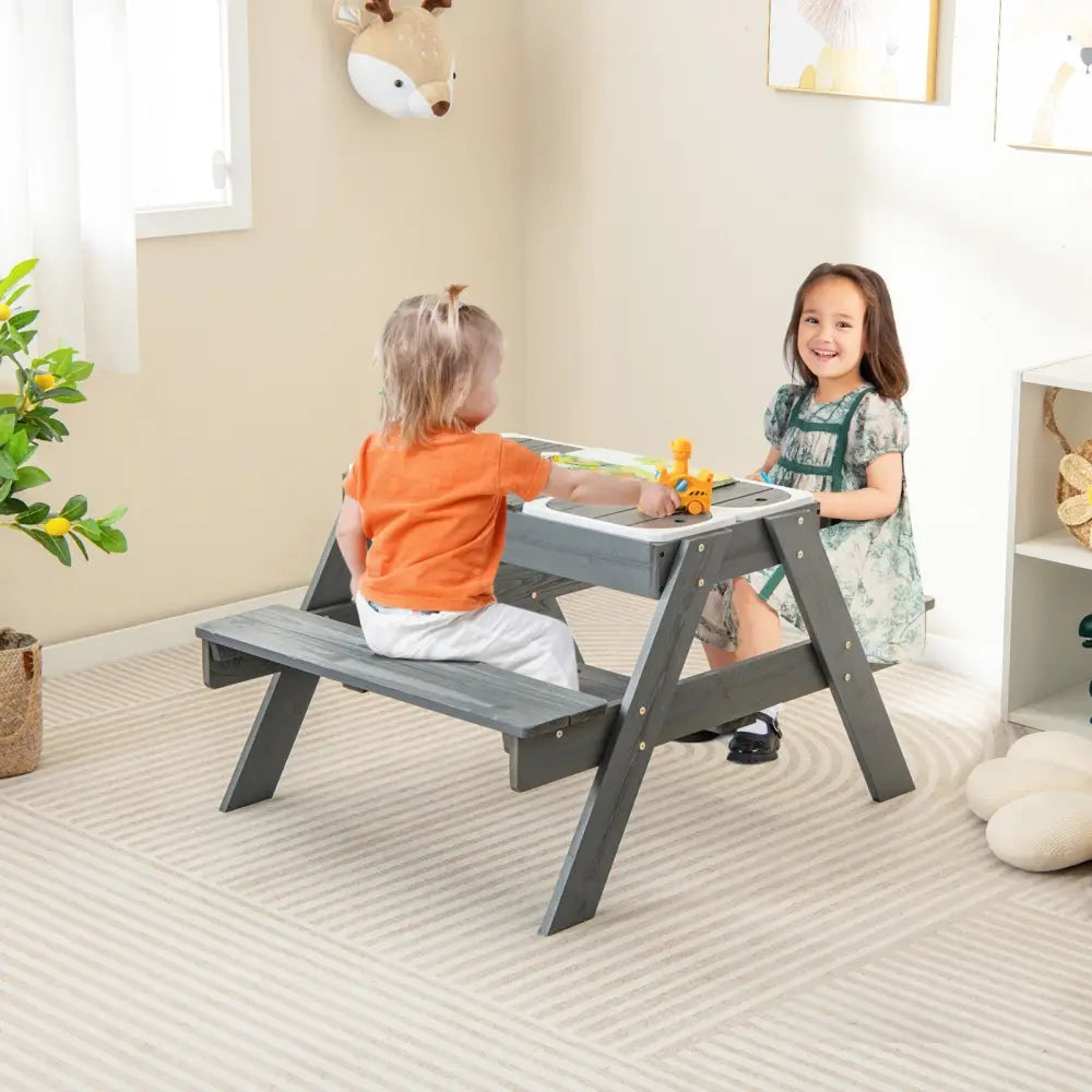 Kids Picnic Table Set with 3 Removable Bins-Gray - Gray - Kids Table & Chair Sets