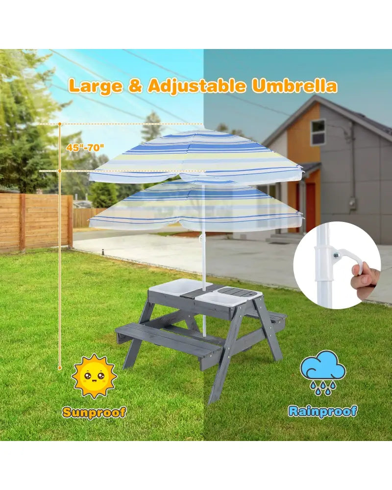 Kids Picnic Table Set with 3 Removable Bins-Gray - Gray - Kids Table & Chair Sets