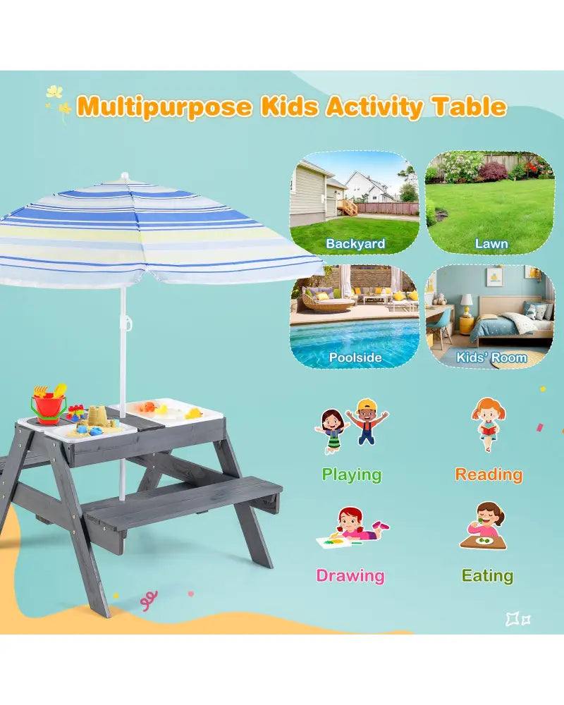 Kids Picnic Table Set with 3 Removable Bins-Gray - Gray - Kids Table & Chair Sets
