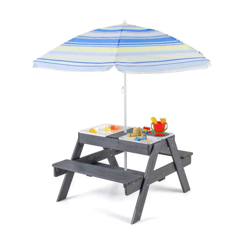 Kids Picnic Table Set with 3 Removable Bins-Gray - Gray - Kids Table & Chair Sets