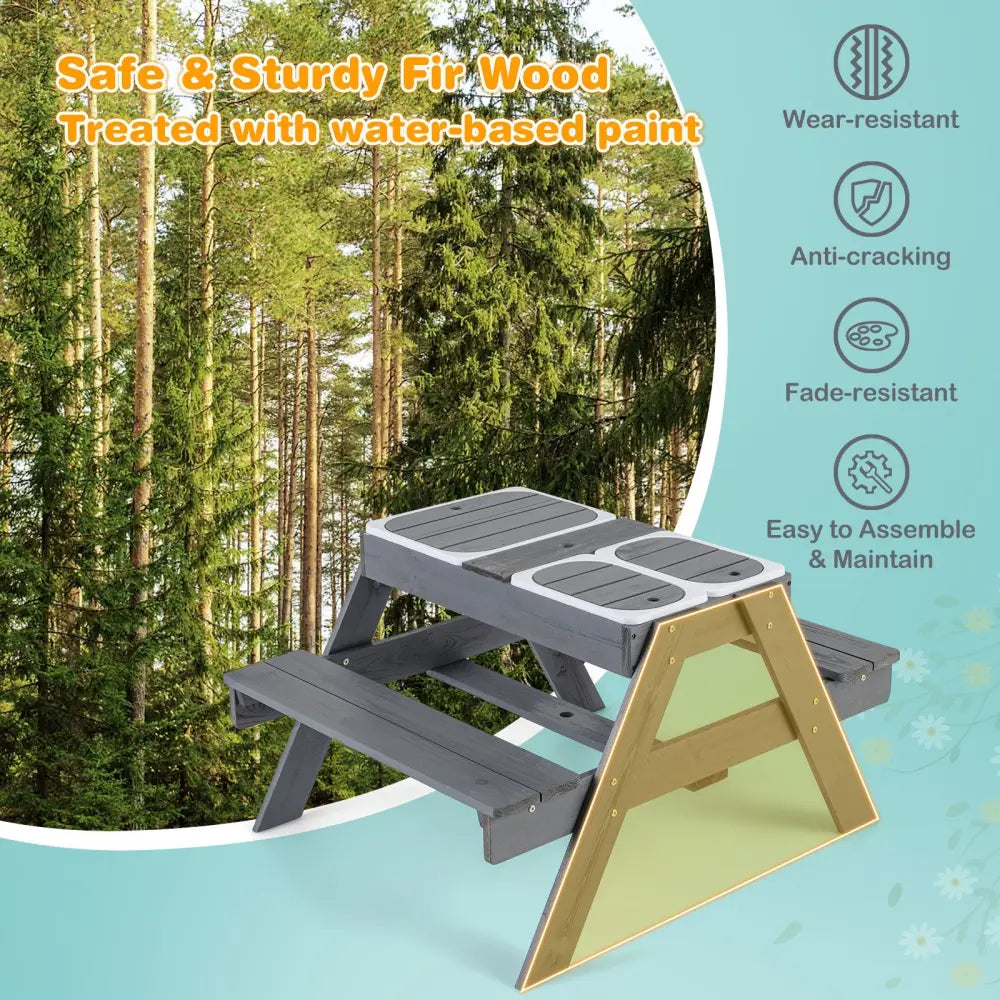 Kids Picnic Table Set with 3 Removable Bins-Gray - Gray - Kids Table & Chair Sets