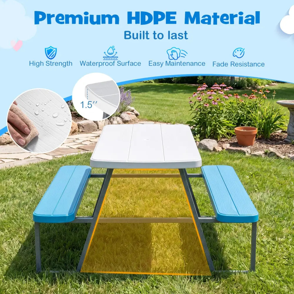Kids Picnic Table with Benches Seats up to 4-Blue - Blue - Kids Table & Chair Sets