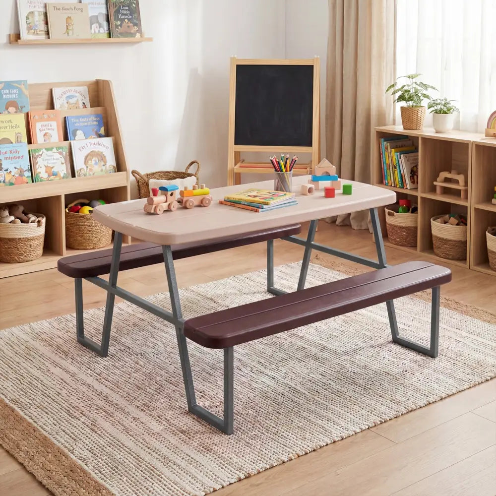 Kids Picnic Table with Benches Seats up to 4-Brown - Brown - Kids Table & Chair Sets