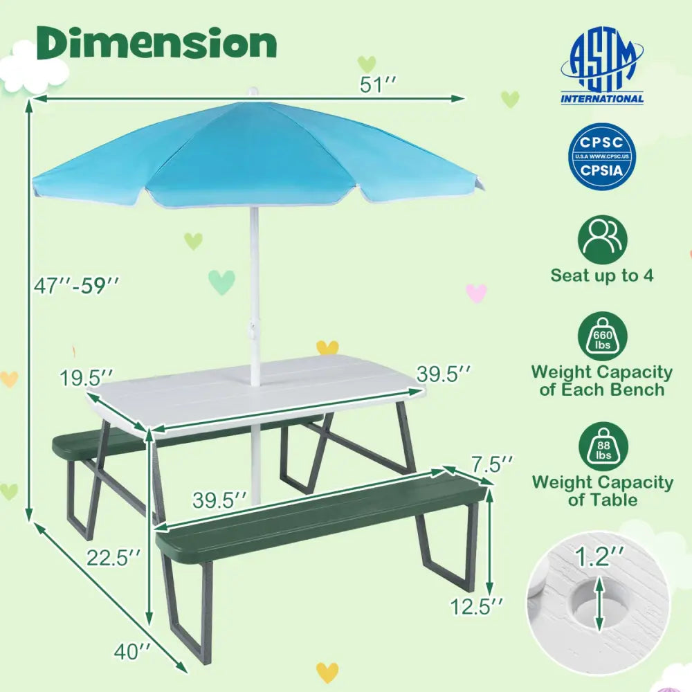Kids Picnic Table with Benches Seats up to 4-Green - Green - Kids Table & Chair Sets