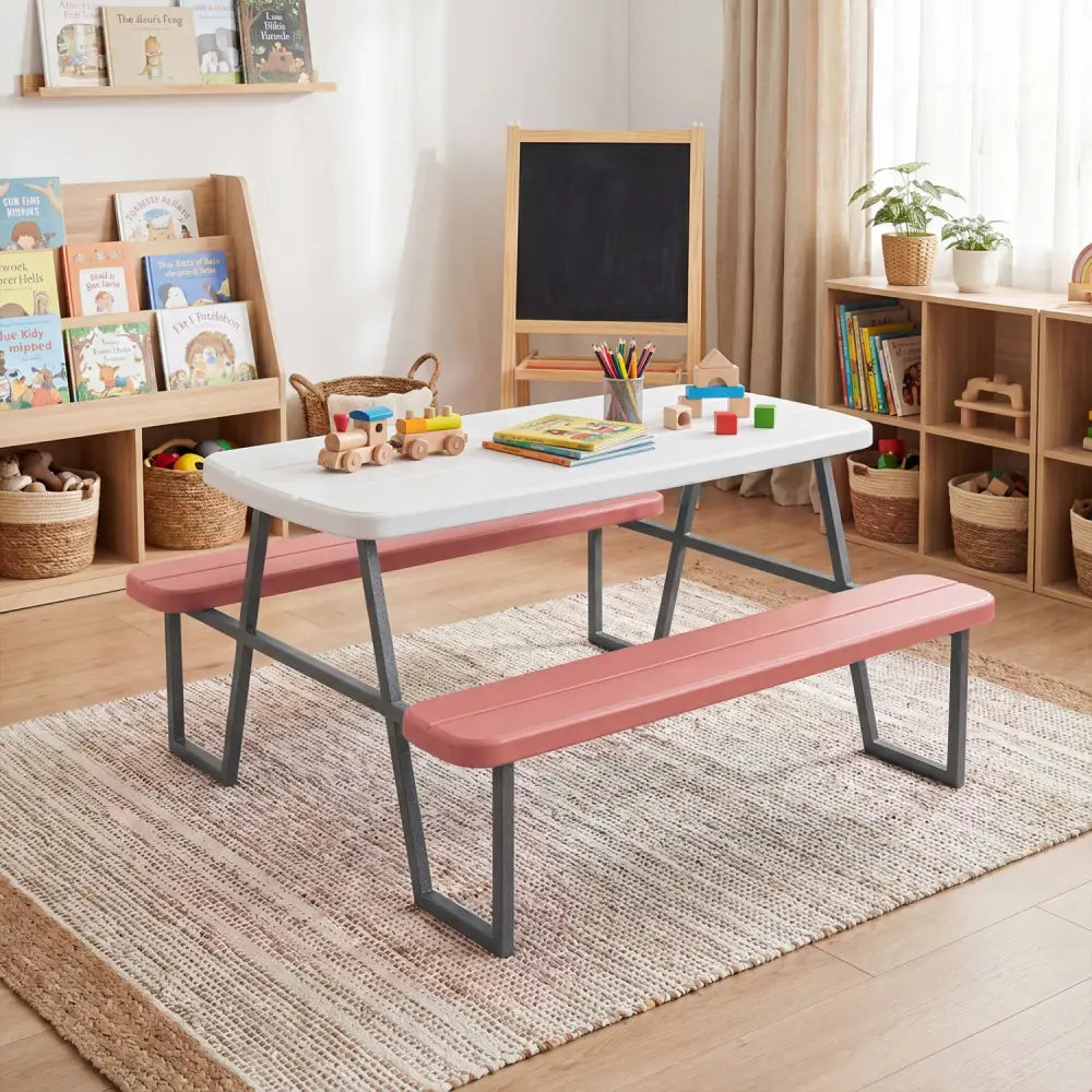 Kids Picnic Table with Benches Seats up to 4-Pink - Pink - Kids Table & Chair Sets