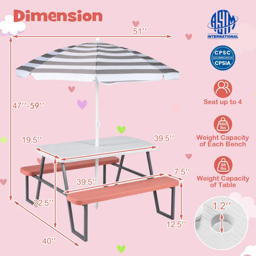 Kids Picnic Table with Benches Seats up to 4-Pink - Pink - Kids Table & Chair Sets