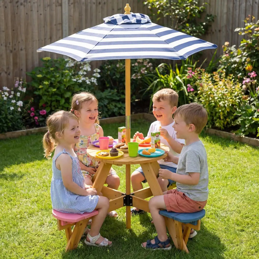 Kids Picnic Table with Stools and Foldable Adjustable Umbrella for Backyard and Patio-Blue - Blue - Kids Table & Chair