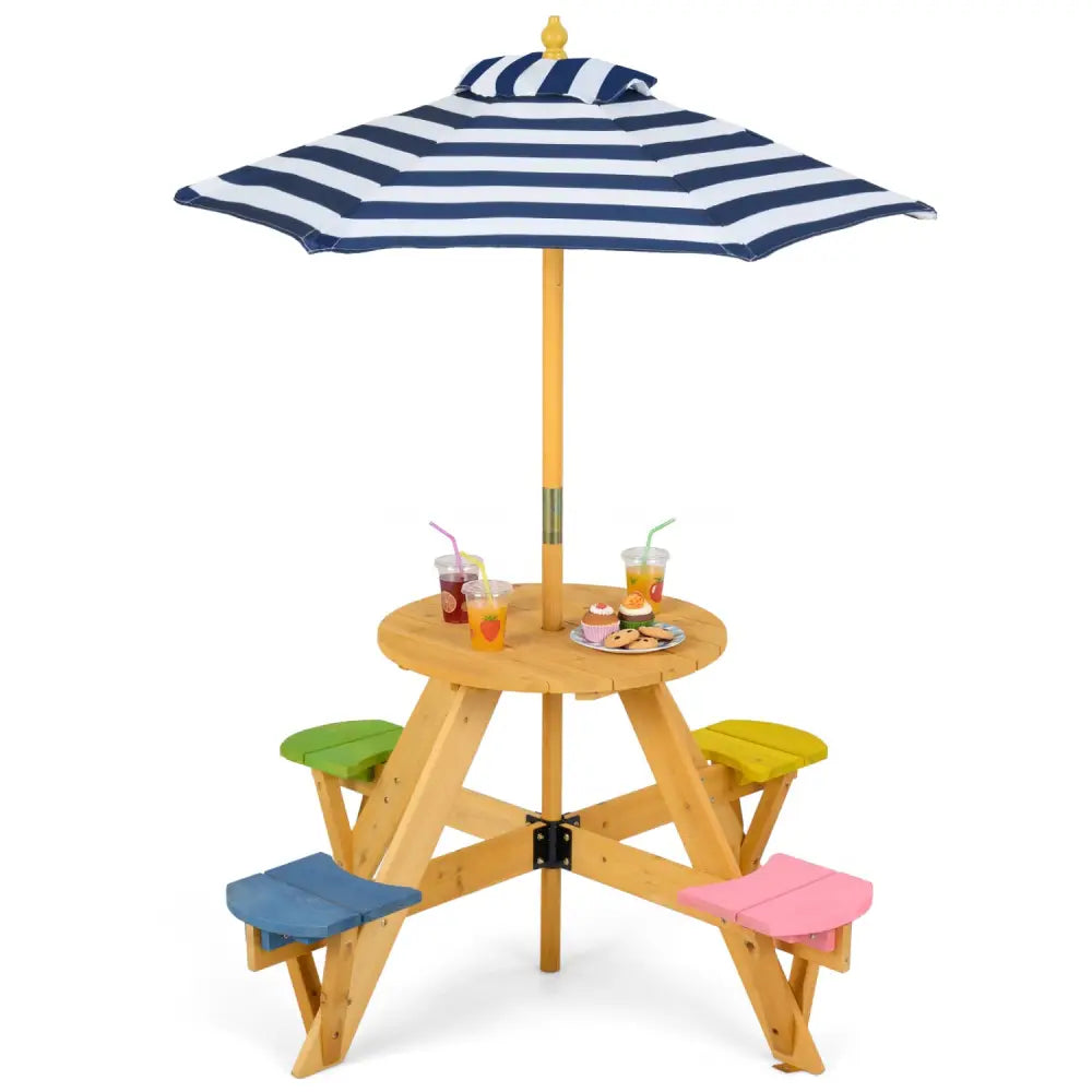 Kids Picnic Table with Stools and Foldable Adjustable Umbrella for Backyard and Patio-Blue - Blue - Kids Table & Chair