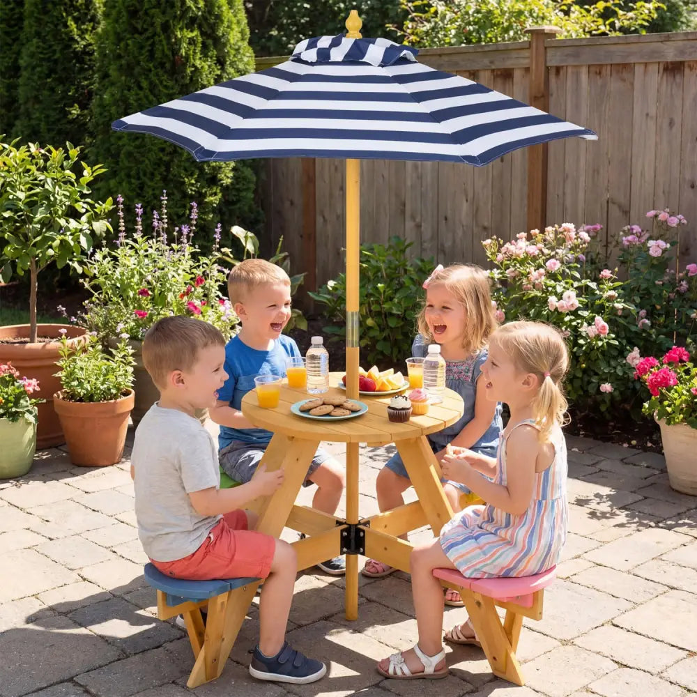 Kids Picnic Table with Stools and Foldable Adjustable Umbrella for Backyard and Patio-Blue - Blue - Kids Table & Chair