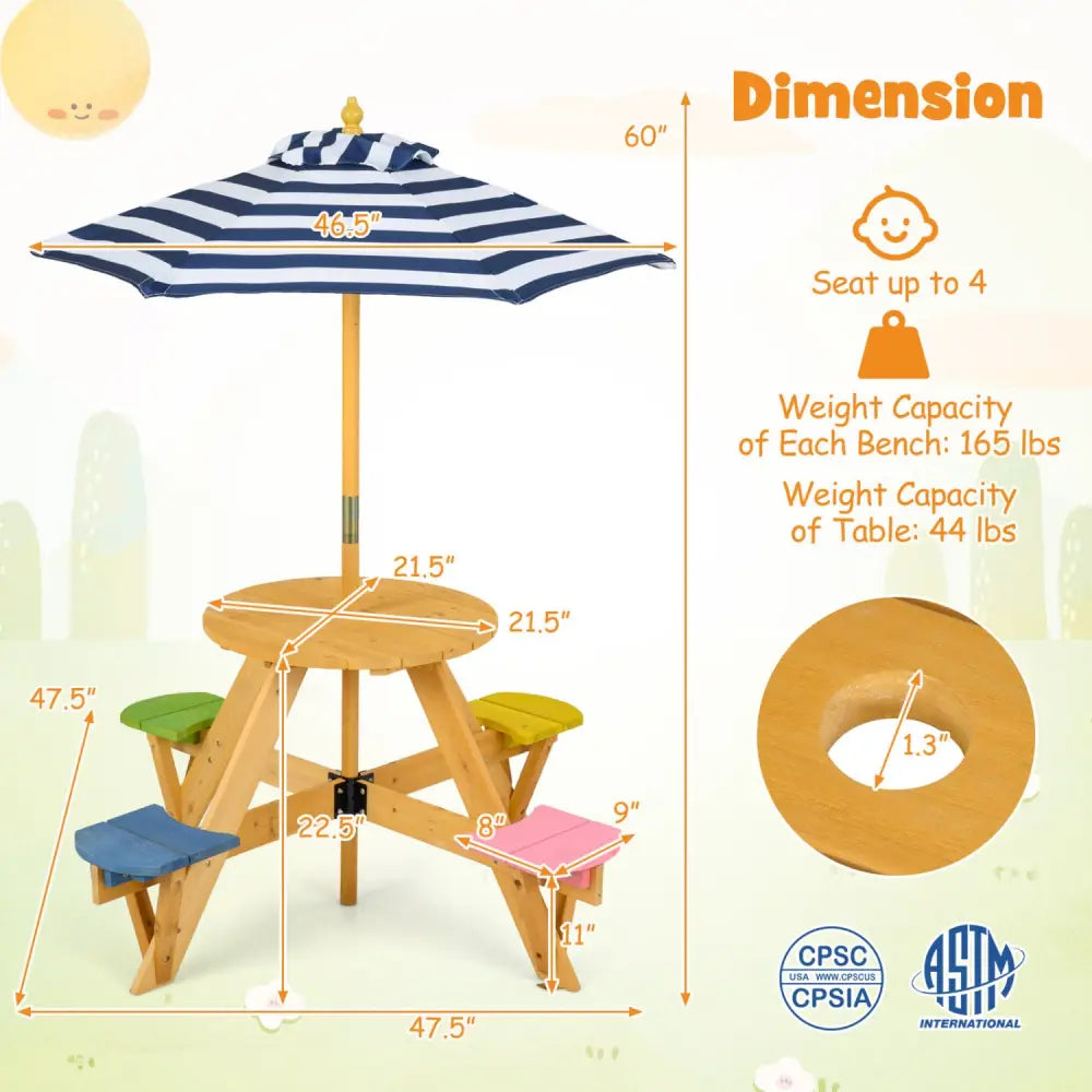 Kids Picnic Table with Stools and Foldable Adjustable Umbrella for Backyard and Patio-Blue - Blue - Kids Table & Chair