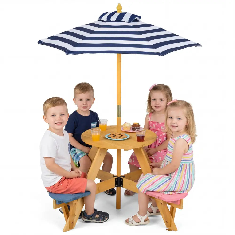 Kids Picnic Table with Stools and Foldable Adjustable Umbrella for Backyard and Patio-Blue - Blue - Kids Table & Chair